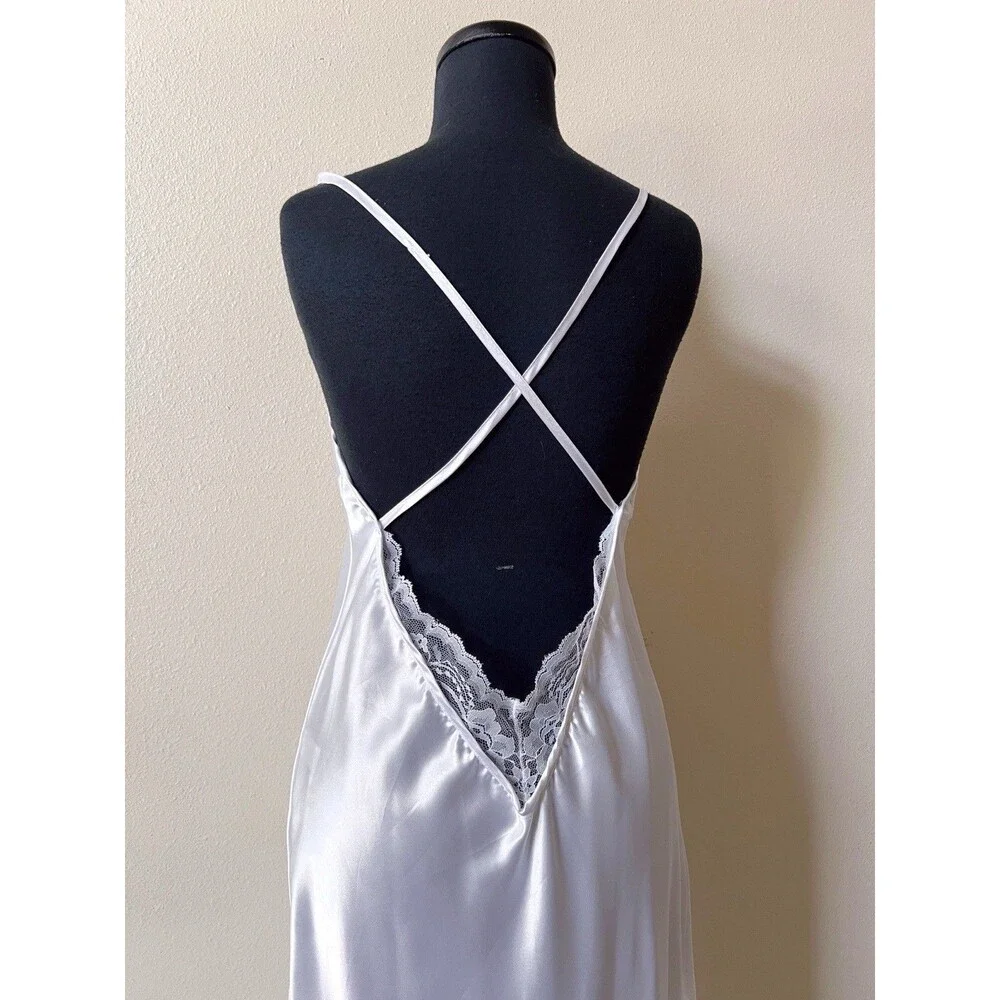 VTG Faris White Satin Slip Dress Large Maxi Open Back Bridal Lingerie 90s USA